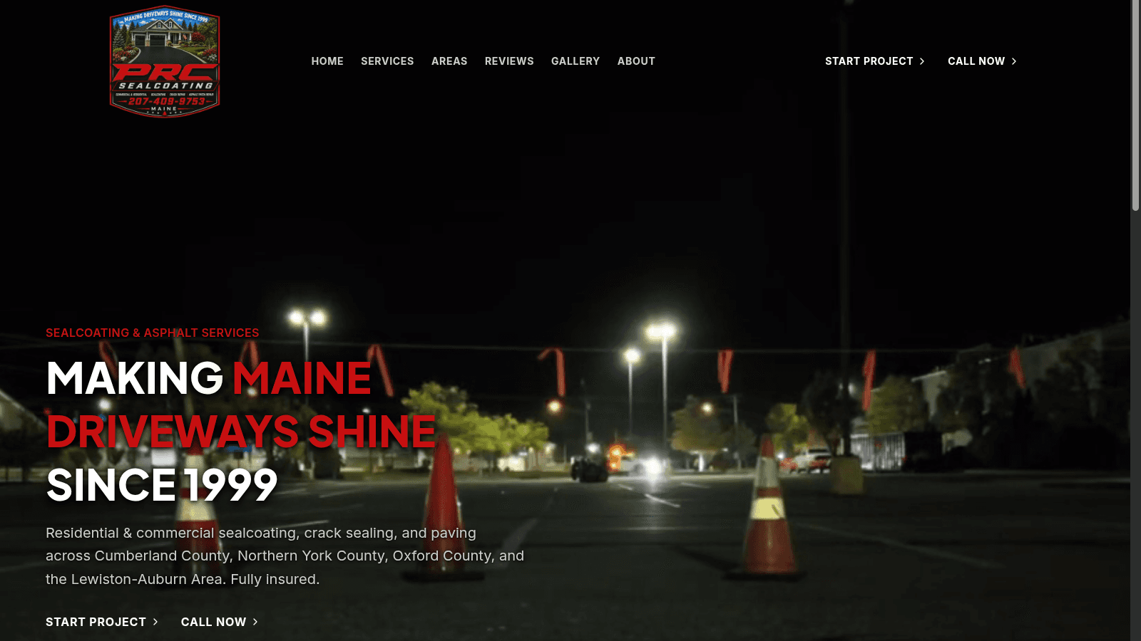 Homepage of PRC Sealcoating, a live client site built by Rankisity for a Windham, Maine sealcoating contractor